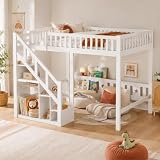 DULRLLY Lit Double Mezzanine 140x200 cm, Lit Superposé Enfant avec Escaliers de Rangement et Barrière de Sécurité, Sommier à Lattes en Bois, Lit Hauteur pour 2 Enfant, Garçon et Fille, Blanc