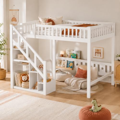 DULRLLY Lit Double Mezzanine 140x200 cm, Lit Superposé Enfant avec Escaliers de Rangement et Barrière de Sécurité, Sommier à Lattes en Bois, Lit Hauteur pour 2 Enfant, Garçon et Fille, Blanc