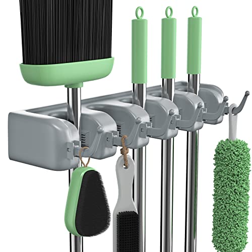 GEARLITE Accroche Balai Mural, Porte Balais Mural avec 5 Attaches Rapides et 6 Crochets, Support Balais Mural Parfaite pour Outils de Jardinage Cuisine Salle de Bain Garage, Gris