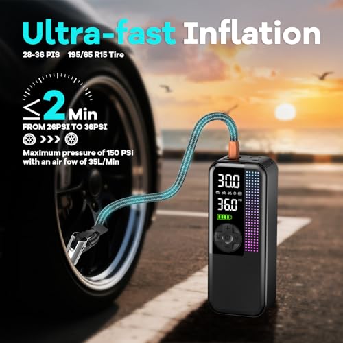 Image of WEOLULI Tire Inflator Portable Air Compressor,150 PSI Cordless Air Pump, 12V DC Car Plug,Dual Power 10000mAh, Fast Inflation 24L /Min, 4 Preset Modes for Car, Bike, Motorcycle, Balls (Black, 10000mAh)