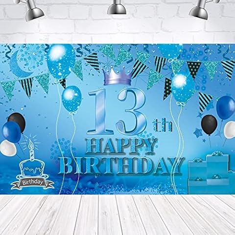 Happy 13th Birthday Backdrop Banner Blue 13th Sign Poster 13 Birthday Party Supplies for Anniversary Photo Booth Photography Background Birthday Party Decorations, 72.8 x 43.3 Inch Cover