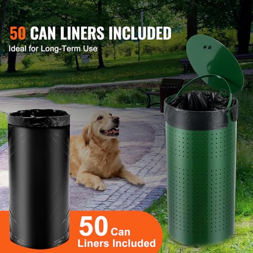 Image of VEVOR Dog Poop Trash Can With 50 Liner Bags, 11.5 Gallons Outdoor Waste Bin With Lid & Liner Clip for Pet Waste Station, Disposal Container for Garden Backyard Park