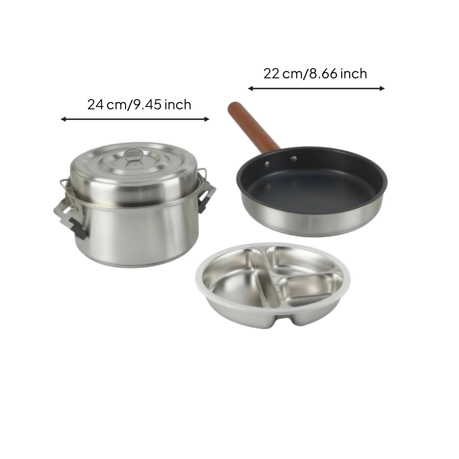 3 Pieces Set Pentole Campeggio Manici Laterali Set da Cucina da Campeggio Finitura Finitura Lucidata Argento Attrezzatura Outdoor