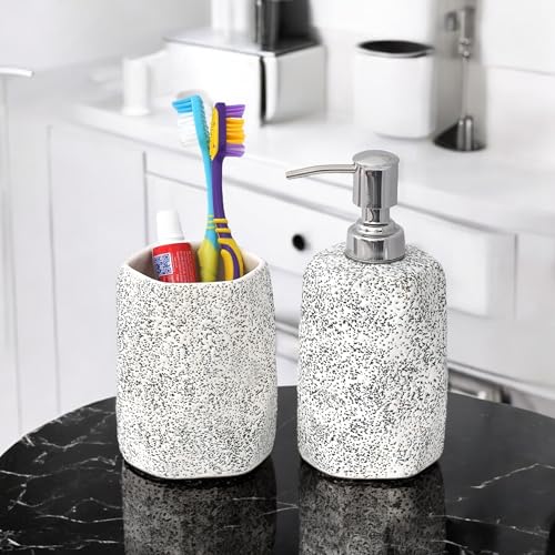 Image of Premium Ceramic Bathroom Set of 2 | Soap Dispenser & Toothbrush Holder for Bathroom Countertop | Stylish Handmade Ceramic Bath Accessories | Refillable Dispenser | White & Black