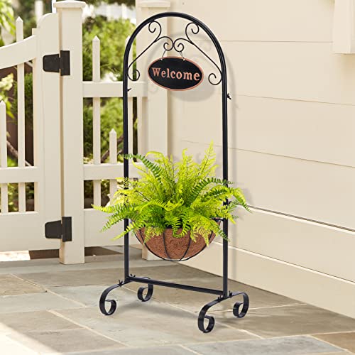 Bayn Metal Welcome Planter Basket Stand With Coco Liner, 39.5” Hanging Planter Stand With Decorative Welcome Sign Outdoor Decor For Garden, Patio, Deck, Entry And Front Porch #TOP3