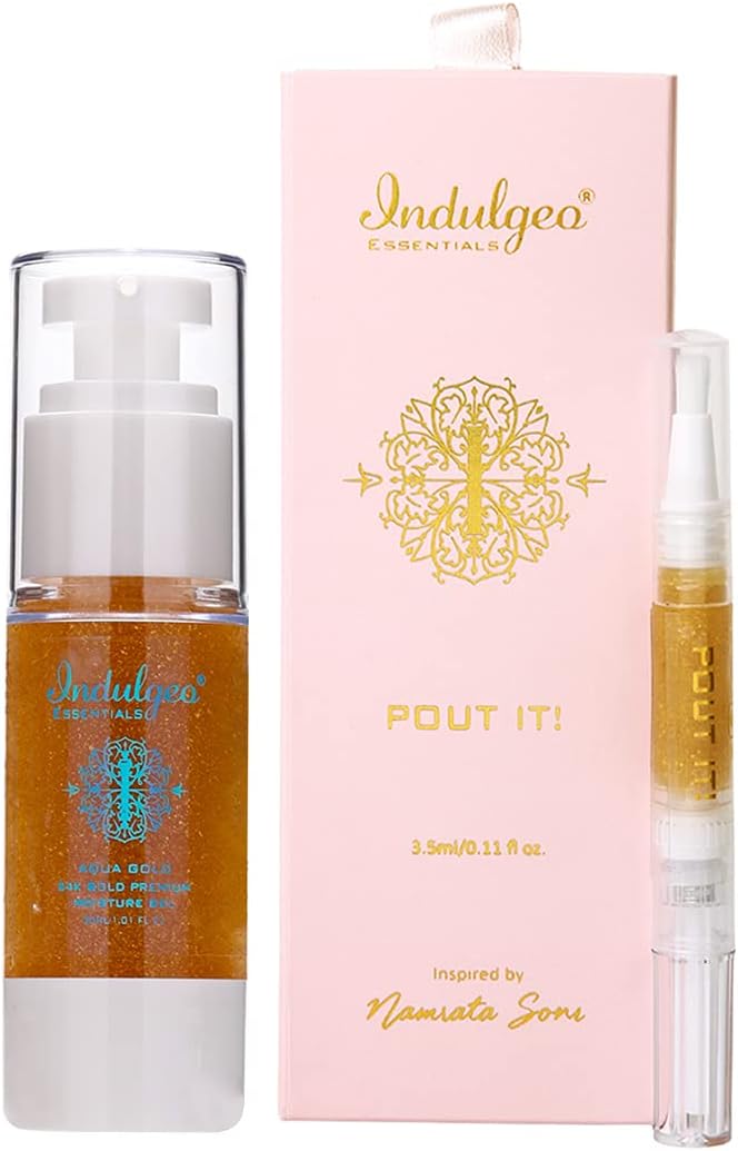 INDULGEO ESSENTIALS 24 K Gold Skincare Combo - Aqua Gold 24K Gold Premium Moisturizer Gel (30Ml) + Pout It 24 K Gold Lip Oil (3.5Ml)