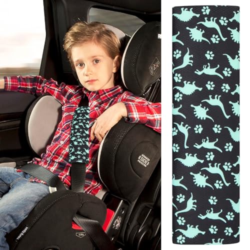 URAQT 2 Stück Gurtpolster Auto Kinder, Auto Gurtpolster Gurtschutz mit Dinosaurier Dino Motiv, Schutzkissen und Samtbeutel Groß für mehr Komfort auf der Reise (Schwarzer Dinosaurier)