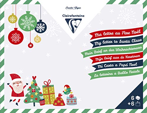 Clairefontaine 20029C - Kit de papelería para escribir su carta en el Padre Navidad, 6 papeles con letras rayadas y coloridas + 6 sobres rojo + 3 planchas de pegatinas para manualidades para niños