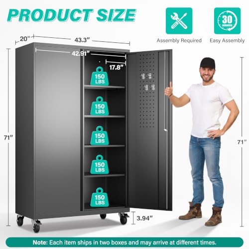 Image of Wide & Deep Metal Storage Cabinet with Wheels,Tall Rolling Garage Storage Cabinet with Lock,Black Metal Cabinets with Shelves and Pegboards,Tool Locker for Garage,Home,Office,43''Wx 20''Dx71 inchH