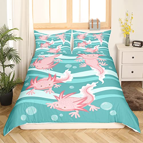 Cartoon Axolotl Duvet Cover Kawaii Axolotl Bedding Set Green 3D Animals Comforter Cover for Boys Girls Children Teens Salamander Bedspread Cover King Size - Image 3