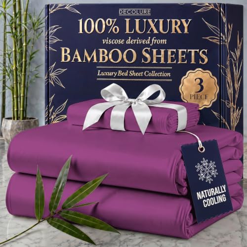 Image of DECOLURE 100% Viscose Derived from Bamboo Sheets Twin Size - Luxury 3 Pc Naturally Cooling Sheets, Ultra Soft Bed Set - Deep 17 inch Pockets, Durable Double Stitching, Oeko Tex Standard (Purple)