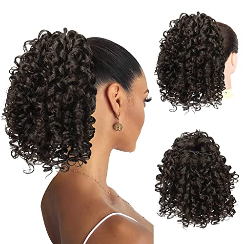PEACOCO Curly Ponytail Extension Drawstring Ponytails for Black Women - 10 Inch Pony Tail Clip on Ponytail Synthetic Short Afro Hairpiece for Daily Use（2#）
