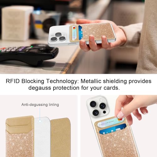 Image of Self Adhesive Card Holders for Back of Phone, Leather RFID Phone Wallet Pockets Stick On, Credit Card Holders Sleeve for Phone Case Compatible with Most of Smartphones, Glitter Gold