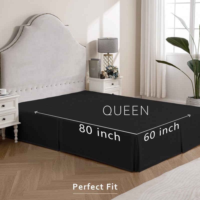 Image of MIYE Pleated Waffle Weave Bed Skirt, Tailored Dust Ruffle 14 Inch Drop Easy Fit, Machine Washable (Black, Queen - 14 inch Drop)