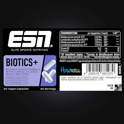 ESN Biotics+, 30 Kapseln, 450 Milliarden KBE je Packung, hochdosiert, mit Vitamin B2 + D, nur 1 Kapsel pro Tag, vegan