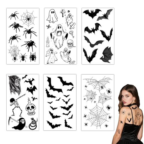 DHWEKU Tatuajes Temporales Arañas Halloween 6 hojas Adultos Telarañas Calcamonias Pegatinas Halloween Araña Temporary Tattoo para Fiesta de Halloween Maquillaje Disfraz Fiesta