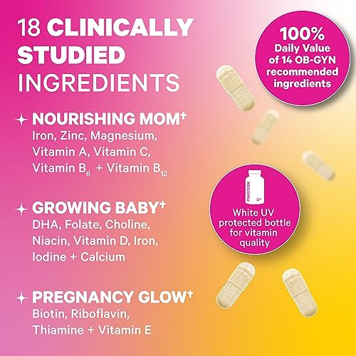 Pink Stork Total Prenatal Vitamins with DHA, Folate, Iron, Choline, and