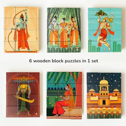Image of 3D Wooden Toys for Kids 3-8 Yrs | 6 Puzzles in 1 Toy + 30 Activities | 12 Natual Wooden Puzzles for Kids with Activity Book | Indian Folk Art Wooden Blocks | Ramayana Theme