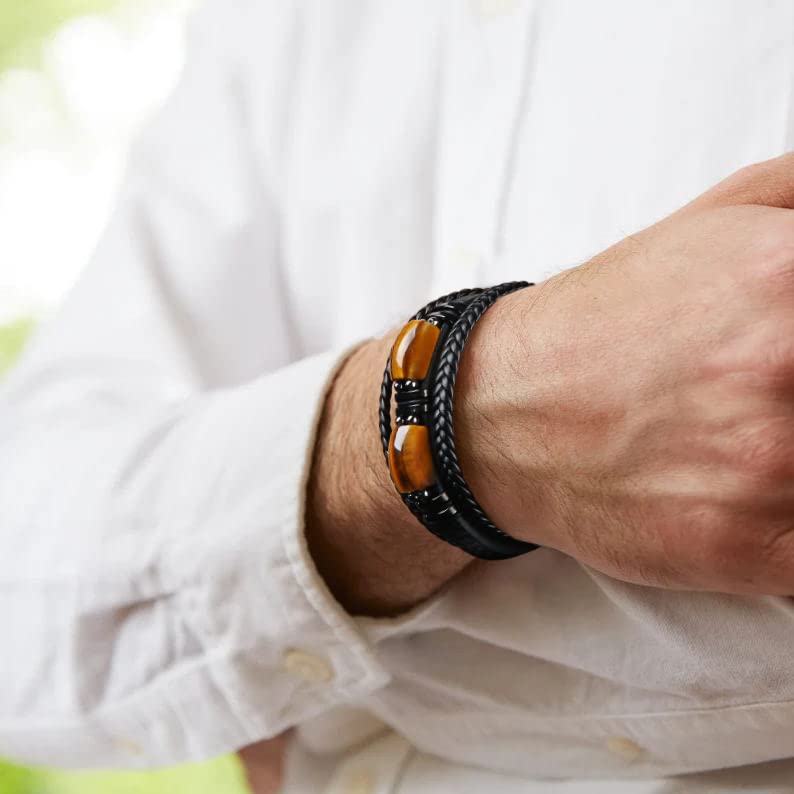 𝐔𝐧𝐢𝐪𝐮𝐞 𝐆𝐢𝐟𝐭𝐬 for Men 𝐋𝐞𝐚𝐭𝐡𝐞𝐫 𝐁𝐫𝐚𝐜𝐞𝐥𝐞𝐭 𝐟𝐨𝐫 𝐌𝐞𝐧 Dad Boyfriend Son Grandson Brother Love You Forever Tiger Eye Stone Father's Day Birthday Anniversary Christmas Black Jewelry 7.5/8.5/9 Inches2
