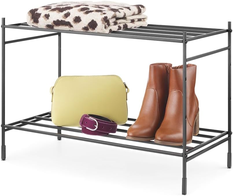 Whitmor 2-Tier Stacker Shelf holding shoes, a handbag, and a belt