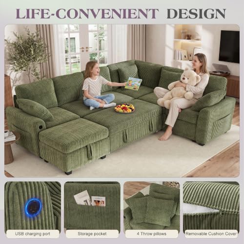 Image of Hanherry Sectional Sofa with Pull Out Couch Bed,6 Seats Corduroy Sleeper Sofa with Storage Ottoman & USB Charging,Comfy L Shaped Modular Couches for Living Room,Apartment
