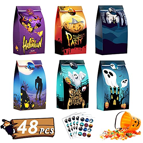 Bolsas de Dulces de Halloween, 48 Bolsas de Papel para Fiestas de Halloween con 48 Pegatinas de Sellado, Bolsas de Regalo de Papel para Halloween Fiestas Caramelos Dulces Galletas Cover