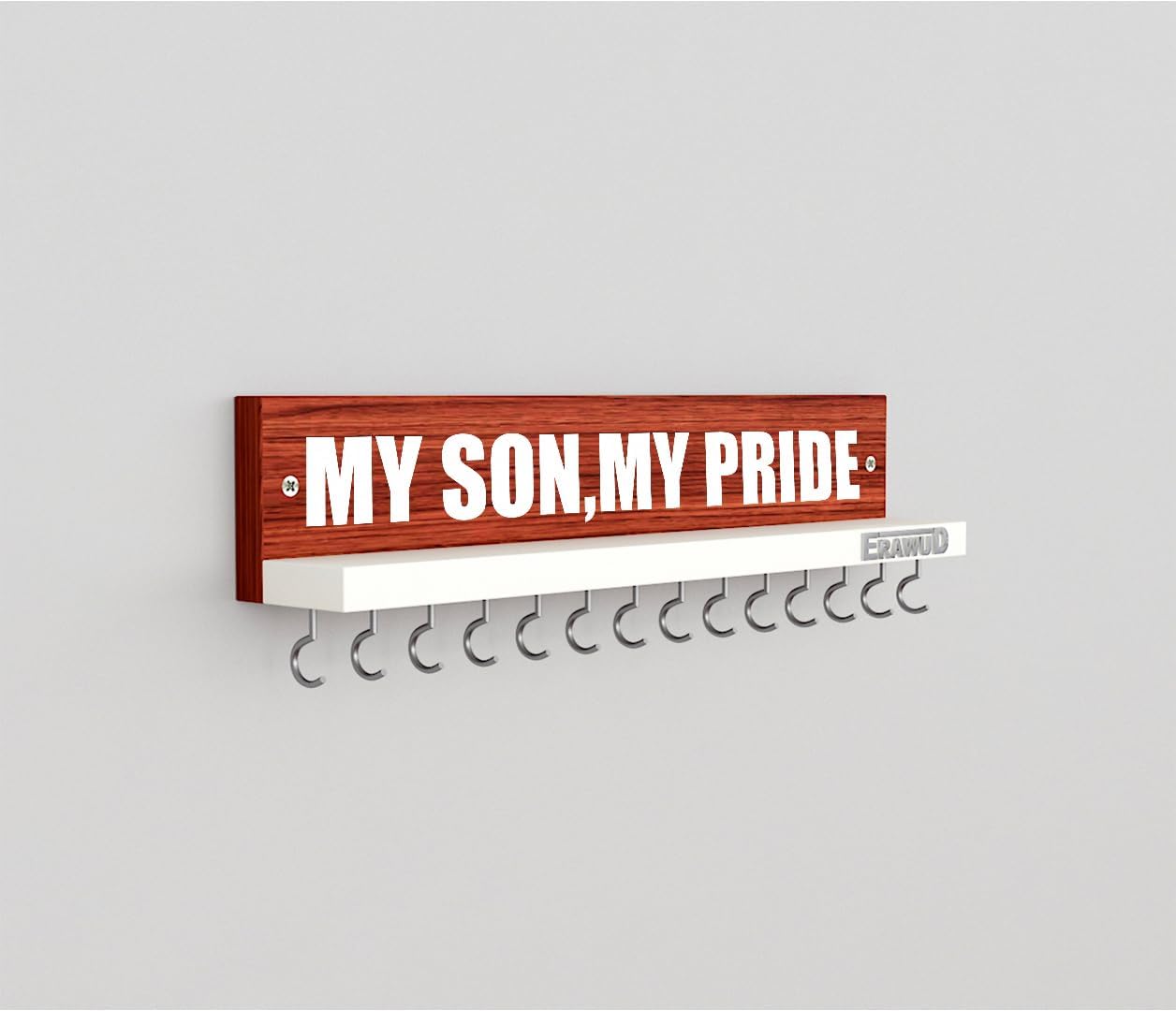 ERAWUD - Wooden Medal Holder Hanger Award, Medal Display Rack & Trophy Shelf Wall Mounted | My Son,My Pride | Engineered Wood - Classic Wallnut & White with 14 - Hooks (B0CBVQW8D6) Amazon Price History, Amazon Price Tracker