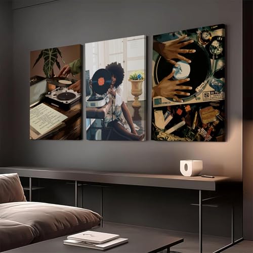 YFvrPt Black Girl Wall Art Decor Modern Black Woman Painting Prints, Set of 3 African American Music Record Player Poster Canvas Artwork for Bedroom Living Room 12x16 inch Framed - Image 4