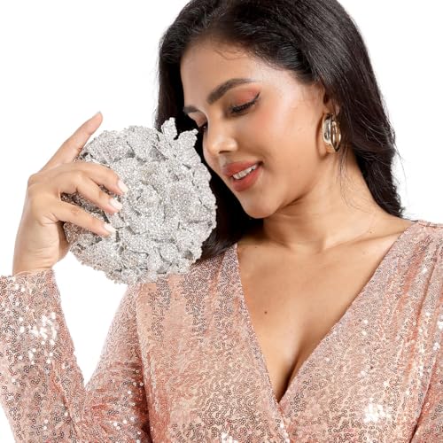 Image of Boutique De FGG Mini Round Flower Crystal Clutch Purses for Women,Formal Evening Bags,Rose Wedding Clutch Bag Party Handbags