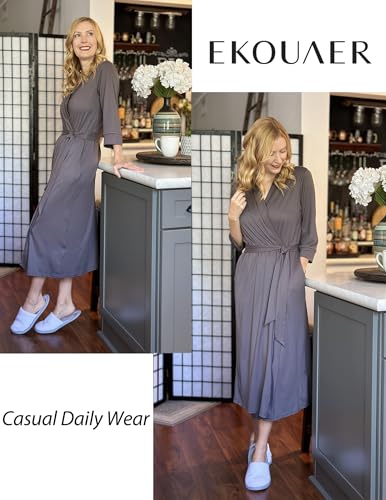 Image of Ekouaer Women Robes Long Knit Bathrobe Lightweight Soft Kimono Robes Casual Ladies Loungewear with Pockets