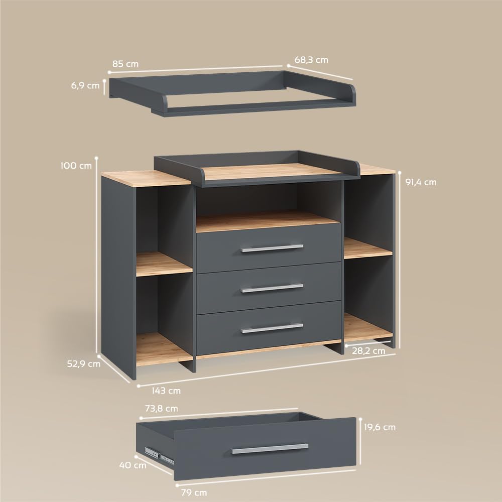 Livinity Commode à Langer Torino, Anthracite/chêne doré, avec 3 tiroirs