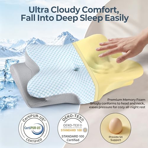 Image of Cervical Pillow for Neck Pain Relief, Ergonomic Neck Pillow for Sleeping, Contour Side Sleeper Pillow for Neck Support, Orthopedic Cooling Memory Foam Pillows for Back Stomach Sleepers (Blue)
