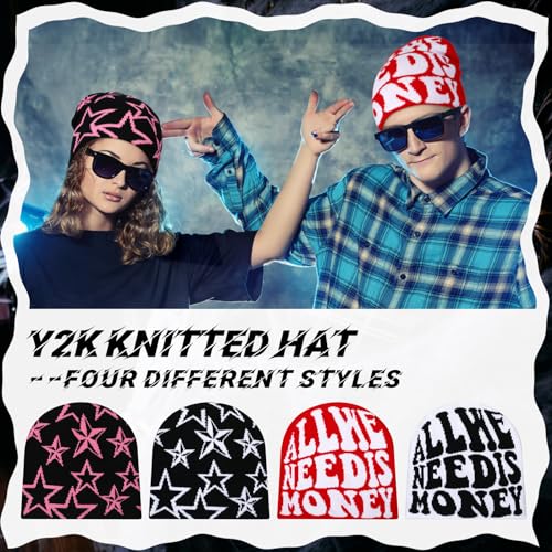 Image of Ramede 4 Pcs Y2k Beanie - Double Sided Graphic Beanies for Men and Women, Acrylic Knitted Y2k Hats Accessories