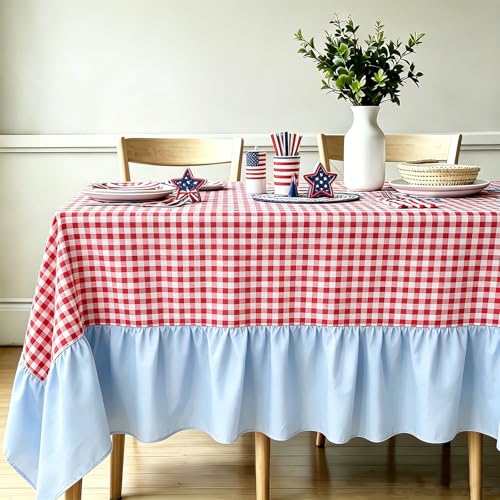 JarThenaAMCS Red Plaid Blue Ruffled Tablecloth 60 x 120 inch