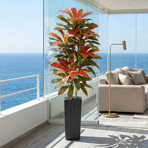 Image of Artificial Red Dracaena Tree Indoor, 7FT Tall Fake Floor Plants with Black Planter & Pebbles, Faux Silk Yucca Tree for Home Office Living Room Bedroom Farmhouse Modern Outdoor Topiary Tree