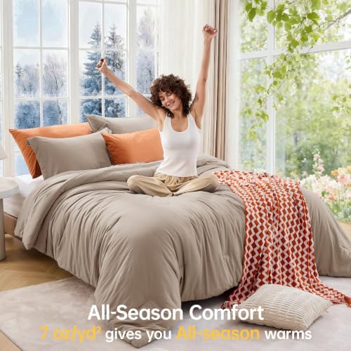 Image of MUXHOMO Oversized King Comforter Set, Lightweight Down Alternative Bed Set | All Season 3 Piece Bedding Set,Ultra Soft Down Alternative,Includes 1 Comforter 120x98 and 2 Pillow Shams 20x36,Dark Linen