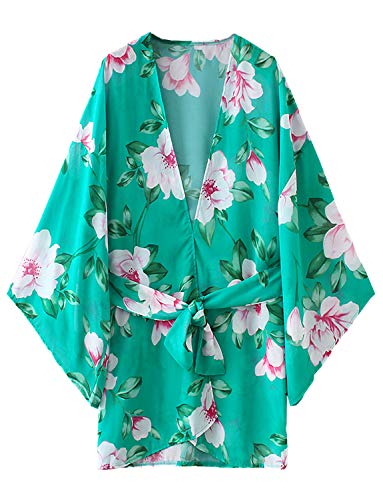 Women's Floral Boho Chiffon Kimono Beach Summer Sheer Cardigans (Green, S)