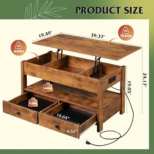 Image of WLIVE Lift Top Coffee Table with 2 Drawers Storage, LED Light Brown | Mid Century Modern Wooden Coffee Table, for Dining /Living Rooms /Offices; 39.4 inchW x 19.5 inchD x 19.1 inchH
