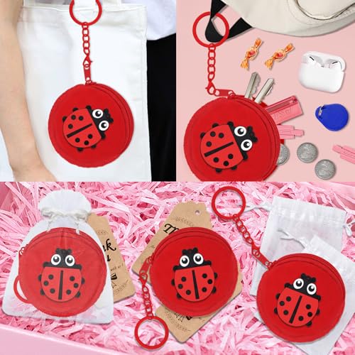 36 Pack Ladybug Change Purses Set Include 12 Ladybug Wallets with Keyrings, 12 Thank You Tags and 12 Organza Bags for Ladybug 1st Birthday Baby Shower Birthday Party Decoration,Red3