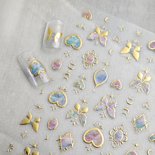 Image of Butterfly Nail Stickers for Nails Art Gold Nail Art Stickers with Design 5D Embossed Heart Nail Decals Self-Adhesive Nails Supply Manicure Supply Decoration for Women Girls Kid