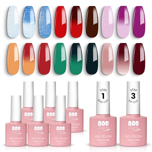 YTD Likomey Color Changing Gel Nail Polish 6 Colors with Base and Top Coat Kit,Summer Mood Temperature Change Colors Red Green Blue Ombre Thermal Manicure UV Color Gel Set,8 Pcs 7.5 ml