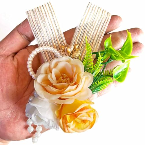Artificial Rose Flower Ribbon Leaf Flower Bunch for Hamper, Flower Brooch Hamper for Decoration, Gifting, Trousseau Packing | Flower Bunch (3, Peach)
