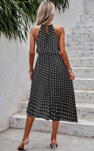 Image of ECOWISH Polka Dot Women Summer Dresses Casual Midi A Line Ruffle High Low Sleeveless Boho Floral Halterneck Cocktail Sundress