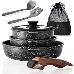 Sartenes Kitchen Kitchen Academy - Juego de utensilios de cocina de inducción, 8 piezas de granito negro antiadherentes con mango extraíble