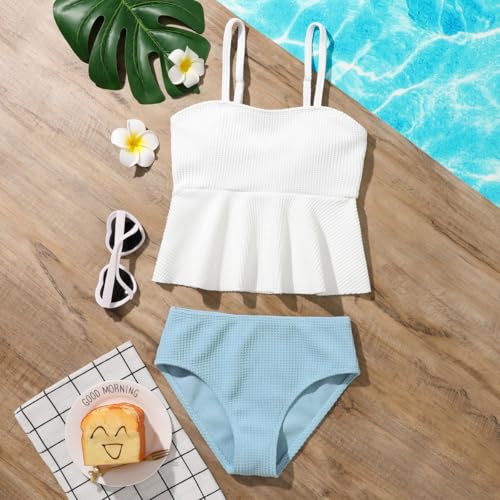 Image of QJQ Girl's 2 Piece High Waisted Swimsuits Ruffle Waffle Bathing Suit Summer Cute Bikini Sets