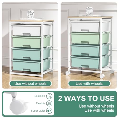 Image of SYKIARIOL Rolling Cart with Drawers, 4-Drawer Utility Cart, Green | Rolling Storage Cart with Drawers, Storage Rolling Drawer Cart with Wooden Tabletop for Bedroom, Dorm, Classroom, Office