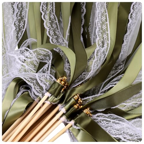 30 Stück Wedding Wands Romantische Zauberstäbe Hochzeit mit Glocke und Bändern Hochzeitsdeko für Spalier Standesamt Deko Auto Dekoration für Gäste (Grün)
