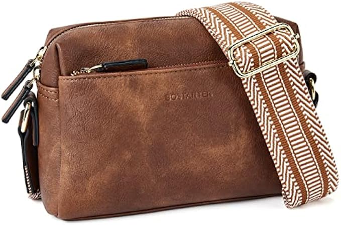 BOSTANTEN Small Crossbody Purse for Women Triple Zip Cell Phone Leather Handbag with Colored Shoulder Strap