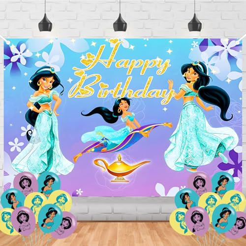 Princess Jasmine Birthday Party Supplies for Girls & Boys Including Happy Birthday Backdrop 18 Pink Purple Blue Cartoon Balloons