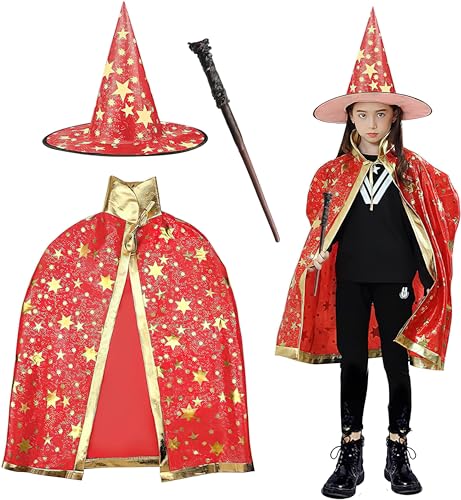FainFun Capa e Chapéu de Mago para Criança, Capa de Bruxa com Chapéu, Bruxa de Mago, Abóbora com Gorro, Jogos de Papéis para Crianças, Festas de Fantasias (Vermelho)